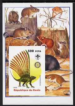 Benin 2005 Dinosaurs #07 - Longisquama imperf m/sheet with Scout & Rotary Logos, background shows various Rodents unmounted mint, stamps on , stamps on  stamps on scouts, stamps on  stamps on rotary, stamps on  stamps on dinosaurs, stamps on  stamps on animals, stamps on  stamps on rodents