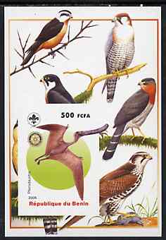 Benin 2005 Dinosaurs #10 - Pterodaustro imperf m/sheet with Scout & Rotary Logos, background shows various Birds of Prey unmounted mint, stamps on scouts, stamps on rotary, stamps on dinosaurs, stamps on birds, stamps on birds of prey, stamps on 