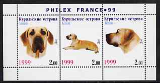 Kuril Islands 1999 Philex France Stamp Exhibition - Dogs #01 (Great Dane) perf sheetlet containing 3 values unmounted mint, stamps on stamp exhibitions, stamps on dogs