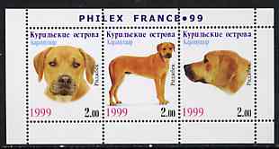 Kuril Islands 1999 Philex France Stamp Exhibition - Dogs #02 (Ridgeback) perf sheetlet containing 3 values unmounted mint, stamps on stamp exhibitions, stamps on dogs
