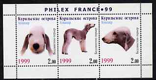 Kuril Islands 1999 Philex France Stamp Exhibition - Dogs #03 (Bedlington Terrier) perf sheetlet containing 3 values unmounted mint, stamps on stamp exhibitions, stamps on dogs