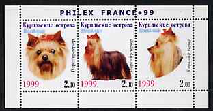 Kuril Islands 1999 Philex France Stamp Exhibition - Dogs #04 (Yorkshire Terrier) perf sheetlet containing 3 values unmounted mint, stamps on stamp exhibitions, stamps on dogs