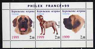 Kuril Islands 1999 Philex France Stamp Exhibition - Dogs #06 (Mastiff) perf sheetlet containing 3 values unmounted mint, stamps on stamp exhibitions, stamps on dogs