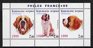 Kuril Islands 1999 Philex France Stamp Exhibition - Dogs #09 (St Bernard) perf sheetlet containing 3 values unmounted mint, stamps on stamp exhibitions, stamps on dogs