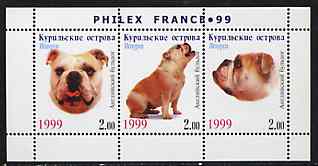 Kuril Islands 1999 Philex France Stamp Exhibition - Dogs #10 (Bulldog) perf sheetlet containing 3 values unmounted mint, stamps on stamp exhibitions, stamps on dogs