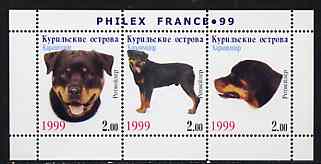Kuril Islands 1999 Philex France Stamp Exhibition - Dogs #14 (Rottweiler) perf sheetlet containing 3 values unmounted mint, stamps on stamp exhibitions, stamps on dogs, stamps on rottweiler