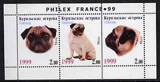 Kuril Islands 1999 Philex France Stamp Exhibition - Dogs #17 (Pug) perf sheetlet containing 3 values unmounted mint, stamps on stamp exhibitions, stamps on dogs