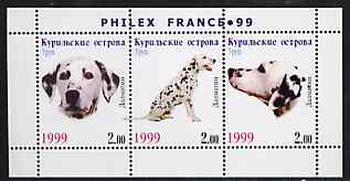 Kuril Islands 1999 Philex France Stamp Exhibition - Dogs #18 (Dalmation) perf sheetlet containing 3 values unmounted mint, stamps on stamp exhibitions, stamps on dogs