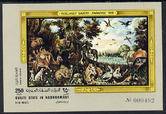 Aden - Qu'aiti 1967 Paradise by Savery imperf miniature sheet unmounted mint Mi 22B, stamps on animals, stamps on arts, stamps on cats, stamps on pigs, stamps on swine, stamps on deer, stamps on dogs, stamps on horses, stamps on cows, stamps on bovine