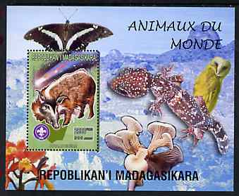 Madagascar 1999 Animals of the World #15 perf m/sheet showing Bush Pig with Scout Logo, background shows Owl, Butterfly, Reptile, Fungi & Orchid, unmounted mint, stamps on flowers, stamps on orchids, stamps on animals, stamps on swine, stamps on reptiles, stamps on fungi, stamps on butterflies, stamps on birds of prey, stamps on scouts