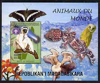 Madagascar 1999 Animals of the World #06 perf m/sheet showing Sifaka with Scout Logo, background shows Owl, Butterfly, Reptile, Fungi & Orchid, unmounted mint, stamps on flowers, stamps on orchids, stamps on animals, stamps on apes, stamps on reptiles, stamps on fungi, stamps on butterflies, stamps on birds of prey, stamps on scouts
