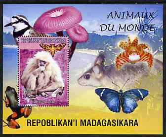 Madagascar 1999 Animals of the World #04 perf m/sheet showing Gibbon Monkey, background shows Frog, Bird, Butterfly, Fungi & Orchid, unmounted mint, stamps on , stamps on  stamps on flowers, stamps on  stamps on orchids, stamps on  stamps on animals, stamps on  stamps on apes, stamps on  stamps on frogs, stamps on  stamps on fungi, stamps on  stamps on butterflies, stamps on  stamps on 