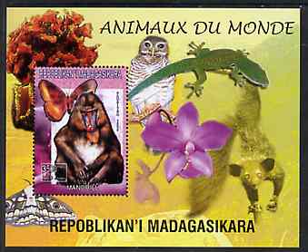 Madagascar 1999 Animals of the World #13 perf m/sheet showing Mandril Monkey, background shows Owl, Butterfly, Lizard & Orchid, unmounted mint, stamps on flowers, stamps on orchids, stamps on animals, stamps on apes, stamps on owls, stamps on prey, stamps on butterflies, stamps on lizards, stamps on birds of prey, stamps on reptiles