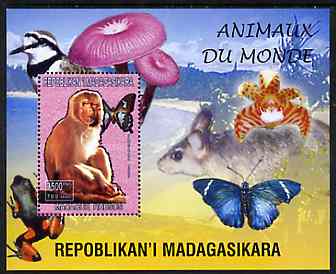 Madagascar 1999 Animals of the World #05 perf m/sheet showing Rhesus Macaque Monkey, background shows Frog, Bird, Butterfly, Fungi & Orchid, unmounted mint, stamps on flowers, stamps on orchids, stamps on animals, stamps on apes, stamps on frogs, stamps on fungi, stamps on butterflies, stamps on 