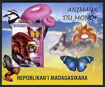 Madagascar 1999 Animals of the World #14 perf m/sheet showing Lemur #7, background shows Frog, Bird, Butterfly, Fungi & Orchid, unmounted mint, stamps on flowers, stamps on orchids, stamps on animals, stamps on apes, stamps on frogs, stamps on fungi, stamps on butterflies, stamps on 