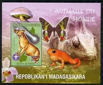Madagascar 1999 Animals of the World #16 perf m/sheet showing Euplere with Scout Logo, background shows Frog, Butterfly, Reptile, Fungi & Orchid, unmounted mint, stamps on flowers, stamps on orchids, stamps on animals, stamps on reptiles, stamps on fungi, stamps on butterflies, stamps on scouts