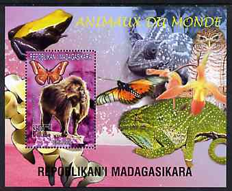 Madagascar 1999 Animals of the World #01 perf m/sheet showing Baboon, background shows Frog, Owl, Butterfly, Chameleon & Orchid, unmounted mint, stamps on flowers, stamps on orchids, stamps on animals, stamps on apes, stamps on frogs, stamps on owls, stamps on prey, stamps on butterflies, stamps on chameleons, stamps on birds of prey