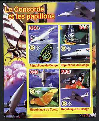 Congo 2005 Concorde & Butterflies imperf sheetlet containing 4 values (each with Scout & Rotary Logos) unmounted mint, stamps on concorde, stamps on aviation, stamps on butterflies, stamps on totary, stamps on scouts