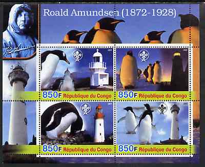 Congo 2005 Roald Amundsen Commemoration (Penguins & Lighthouses) perf sheetlet containing 4 values (each with Scouts Logo) unmounted mint, stamps on polar, stamps on penguins, stamps on birds, stamps on science, stamps on scouts, stamps on explorers, stamps on lighthouses