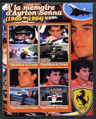 Congo 2005 Ayrton Senna Commemoration imperf sheetlet containing 4 values unmounted mint, stamps on , stamps on  stamps on cars, stamps on  stamps on ferrari, stamps on  stamps on  f1 , stamps on  stamps on racing cars, stamps on  stamps on personalities