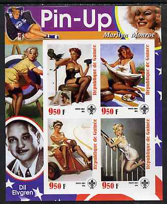 Guinea - Conakry 2003 Pin-up Art of Dil Elvgren featuring Marilyn Monroe imperf sheetlet containing 4 values (each with Scout logo) unmounted mint, stamps on films, stamps on cinema, stamps on entertainments, stamps on women, stamps on marilyn monroe, stamps on personalities, stamps on scouts, stamps on arts, stamps on glamour