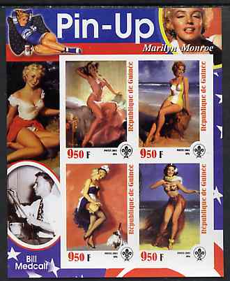 Guinea - Conakry 2003 Pin-up Art of Bill Medcalf featuring Marilyn Monroe imperf sheetlet containing 4 values (each with Scout logo) unmounted mint, stamps on films, stamps on cinema, stamps on entertainments, stamps on women, stamps on marilyn monroe, stamps on personalities, stamps on scouts, stamps on arts, stamps on glamour