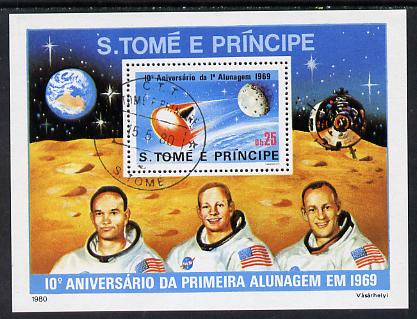 St Thomas & Prince Islands 1980 Moon Landing Anniversary perf m/sheet with CTT 15.5.80 St Tome cancel, pre-release publicity proof (m/sheet was issued 13.6.80), stamps on space