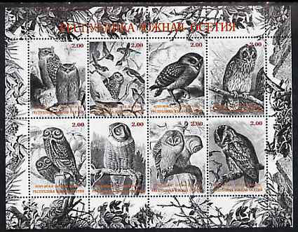 South Ossetia Republic 1999 ? Owls perf sheetlet containing 8 values (black & white) unmounted mint, stamps on birds, stamps on birds of prey, stamps on owls