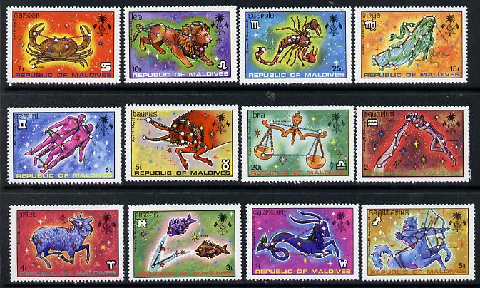Maldive Islands 1974 Signs of the Zodiac set of 12 unmounted mint, SG 522-33*, stamps on space, stamps on astrology, stamps on zodiac, stamps on astronomy, stamps on zodiacs