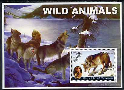 Somalia 2002 Wild Animals #01 (Wolves) perf s/sheet (also showing Baden Powell and Scout & Guide Logos) unmounted mint, stamps on animals, stamps on wolves, stamps on scouts, stamps on guides