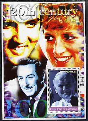 Somalia 2002 20th Century Icons #2 (The Pope) perf s/sheet (also shows Elvis, Walt Disney & Diana in background) unmounted mint. Note this item is privately produced and is offered purely on its thematic appeal, stamps on personalities, stamps on millennium, stamps on pope, stamps on religion, stamps on disney, stamps on movies, stamps on films, stamps on royalty, stamps on diana, stamps on elvis, stamps on music