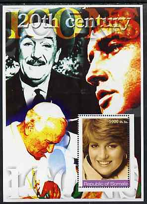 Somalia 2002 20th Century Icons #3 (Princess Diana) perf s/sheet (also shows Elvis, Walt Disney & The Pope in background) unmounted mint, stamps on personalities, stamps on millennium, stamps on pope, stamps on religion, stamps on disney, stamps on movies, stamps on films, stamps on royalty, stamps on diana, stamps on elvis, stamps on music