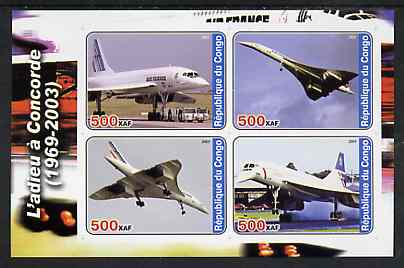 Congo 2003 Concorde #1 imperf sheetlet containing set of 4 values unmounted mint, stamps on concorde, stamps on aviation