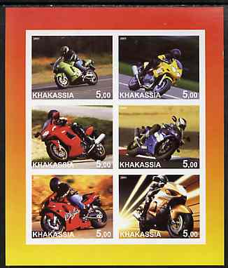 Chakasia 2001 Racing Motorcycles imperf sheetlet containing set of 6 values complete unmounted mint, stamps on motorbikes