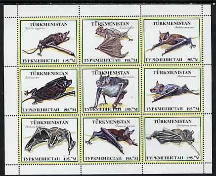 Turkmenistan 1999 ? Bats #1 perf sheetlet containing set of 9 values unmounted mint, stamps on mammals, stamps on bats