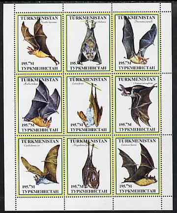 Turkmenistan 1999 ? Bats #2 perf sheetlet containing set of 9 values unmounted mint, stamps on mammals, stamps on bats