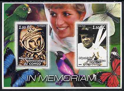 Congo 2001 In Memoriam #7 (Princess Di, Yuri Gagarin & Babe Ruth) perf sheetlet containing 2 values unmounted mint, stamps on royalty, stamps on diana, stamps on personalities, stamps on women, stamps on butterflies, stamps on birds, stamps on space, stamps on sport, stamps on baseball, stamps on parrots