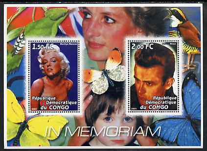 Congo 2001 In Memoriam #8 (Princess Di, Marilyn & James Dean) perf sheetlet containing 2 values unmounted mint, stamps on royalty, stamps on diana, stamps on personalities, stamps on women, stamps on butterflies, stamps on birds, stamps on films, stamps on cinema, stamps on marilyn, stamps on marilyn monroe