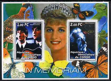 Congo 2001 In Memoriam #9 (Princess Di, Lennon & McCartney & Albert Einstein) perf sheetlet containing 2 values unmounted mint, stamps on royalty, stamps on diana, stamps on personalities, stamps on women, stamps on butterflies, stamps on birds, stamps on films, stamps on cinema, stamps on beatles, stamps on pops, stamps on music, stamps on science, stamps on nobel, stamps on judaica, stamps on personalities, stamps on einstein, stamps on science, stamps on physics, stamps on nobel, stamps on maths, stamps on space, stamps on judaica, stamps on atomics