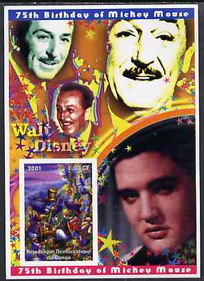 Congo 2001 75th Birthday of Mickey Mouse imperf s/sheet #02 showing Alice in Wonderland with Elvis & Walt Disney in background, unmounted mint, stamps on disney, stamps on elvis, stamps on music, stamps on films, stamps on cinema