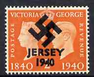 Jersey 1940 Swastika opt on Great Britain KG6 Centenary 2d produced during the German Occupation but unissued due to local feelings. This is a copy of the overprint on a genuine stamp with forgery handstamped on the back, on presentation card., stamps on forgery, stamps on  kg6 , stamps on  ww2 , stamps on 