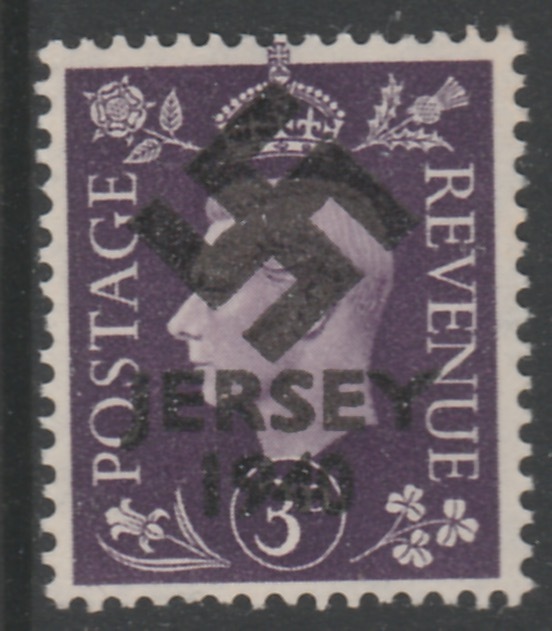 Jersey 1940 Swastika opt on Great Britain KG6 3d violet produced during the German Occupation but unissued due to local feelings. This is a copy of the overprint on a genuine stamp with forgery handstamped on the back, unmounted mint in presentation folder., stamps on forgery, stamps on  kg6 , stamps on  ww2 , stamps on 