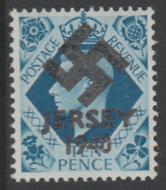 Jersey 1940 Swastika opt on Great Britain KG6 10d turquoise-blue produced during the German Occupation but unissued due to local feelings. This is a copy of the overprint on a genuine stamp with forgery handstamped on the back, unmounted mint in presentation folder., stamps on forgery, stamps on  kg6 , stamps on  ww2 , stamps on 