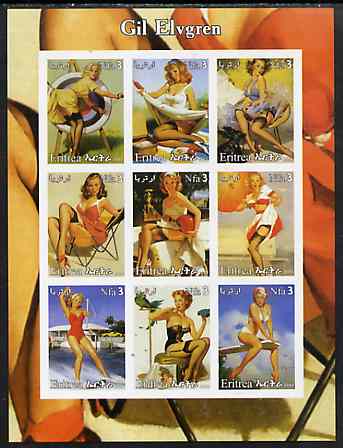 Eritrea 2003 Pin-Up Art of Gil Elvgren imperf sheetlet containing set of 9 values unmounted mint, stamps on arts, stamps on women, stamps on nudes, stamps on fantasy