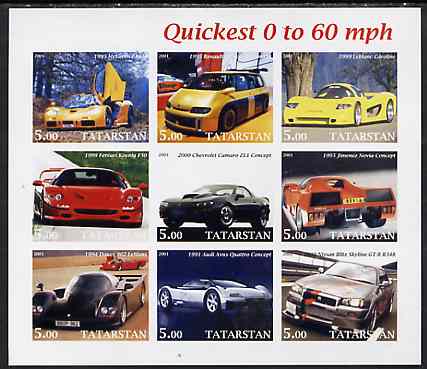 Tatarstan Republic 2001 Cars - Quickest 0 to 60 mph imperf sheetlet containing set of 9 values unmounted mint, stamps on cars, stamps on  ferrari, stamps on renault, stamps on chevrolet, stamps on audi, stamps on nissan, stamps on mclaren