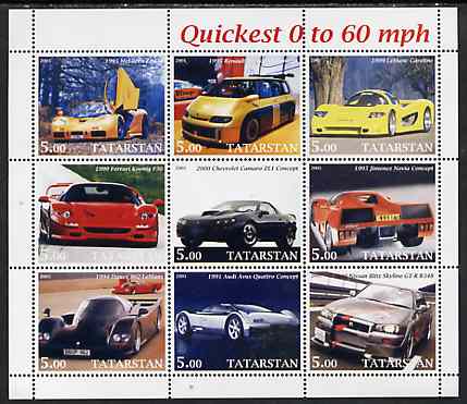 Tatarstan Republic 2001 Cars - Quickest 0 to 60 mph perf sheetlet containing set of 9 values unmounted mint, stamps on cars, stamps on  ferrari, stamps on renault, stamps on chevrolet, stamps on audi, stamps on nissan, stamps on mclaren