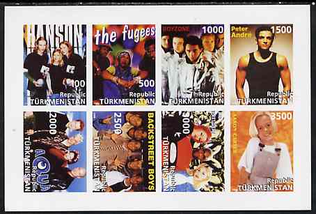 Turkmenistan 1998 Pop Stars imperf sheetlet containing 8 values unmounted mint, stamps on music, stamps on pops, stamps on personalities, stamps on rock, stamps on women