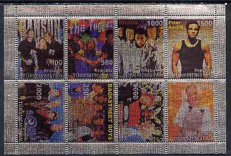 Turkmenistan 1998 Pop Stars imperf sheetlet containing 8 values printed on metallic foil unmounted mint, stamps on music, stamps on pops, stamps on personalities, stamps on rock, stamps on women