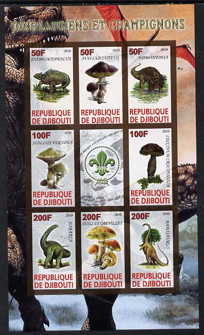 Djibouti 2010 Dinosaurs & Mushrooms #1 imperf sheetlet containing 8 values plus label with Scout logo unmounted mint, stamps on , stamps on  stamps on dinosaurs, stamps on  stamps on fungi, stamps on  stamps on scouts