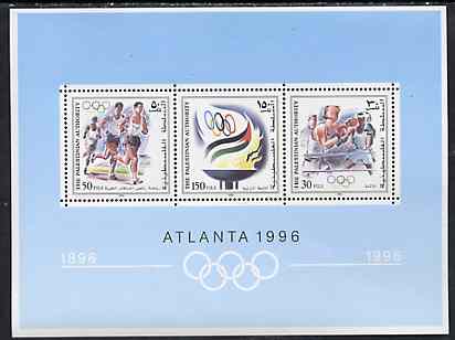 Palestine Authority 1996 Atlanta Olympic Games perf sheetlet containing 3 values unmounted mint SG MSPA83, stamps on olympics, stamps on running, stamps on boxing